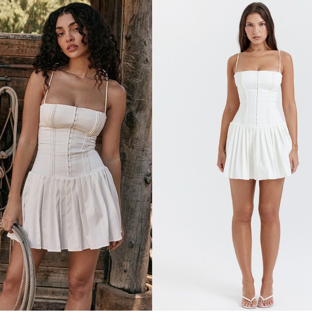 HOUSE OF CB 'Marcy' White Pleated Mini Dress NWOT - Picture 1 of 11